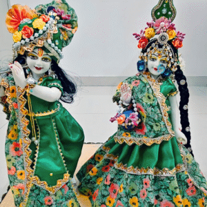 Radha Krishna Dress Set - Green Floral Poshak with Golden Lace - Traditional Outfit for RADHA KRISHNA - Size 12 inch