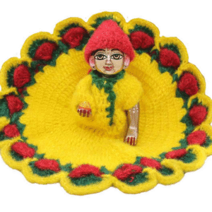 Red flower decorated Yellow woollen dress for Ladoo Gopalji